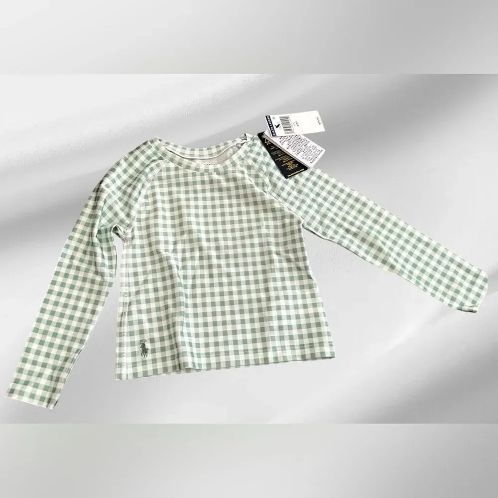Polo Ralph Lauren Toddler Girls Green Gingham Long Sleeve Rashguard, 3T, NWT